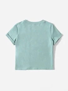 SHEIN 女孩字母和心形圖案捲邊袖T恤 - 薄荷綠 - 查看 2