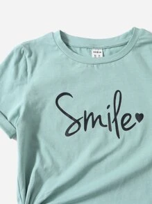 SHEIN 女孩字母和心形圖案捲邊袖T恤 - 薄荷綠 - 查看 3