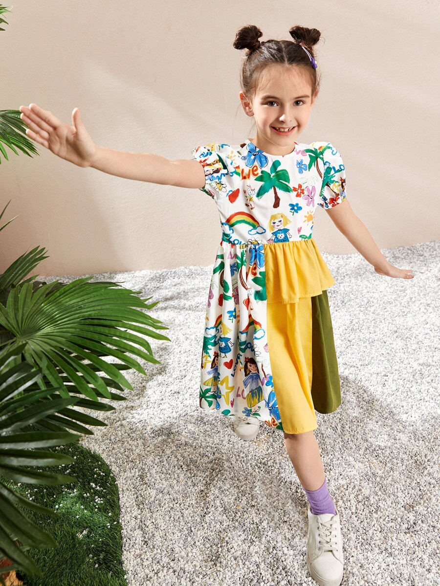 SHEIN 女孩泡泡袖荷葉邊卡通圖案洋裝