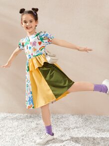SHEIN 女孩泡泡袖荷葉邊卡通圖案洋裝