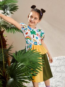 SHEIN 女孩泡泡袖荷葉邊卡通圖案洋裝