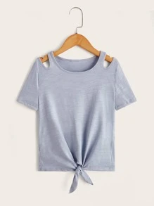 SHEIN Girls Cut Out Shoulder Knot Hem Top - Baby Blue - View 1