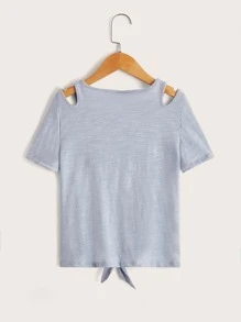 SHEIN Girls Cut Out Shoulder Knot Hem Top - Baby Blue - View 2