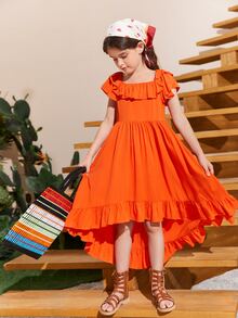 SHEIN Niñas Vestido ribete con fruncido irregular bajo con volante - Naranja Quemada - Ver 2