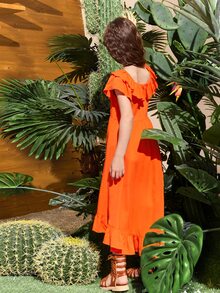 SHEIN Niñas Vestido ribete con fruncido irregular bajo con volante - Naranja Quemada - Ver 4