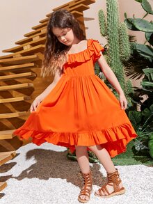 SHEIN Niñas Vestido ribete con fruncido irregular bajo con volante - Naranja Quemada - Ver 5