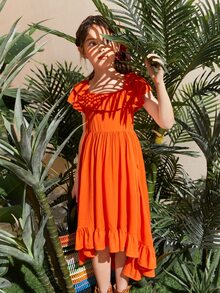 SHEIN Niñas Vestido ribete con fruncido irregular bajo con volante - Naranja Quemada - Ver 6