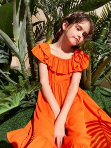 SHEIN Niñas Vestido ribete con fruncido irregular bajo con volante - Naranja Quemada - Ver 8