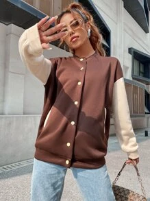 SHEIN Unity 標語圖案落肩袖雙色飛行員夾克 - 咖啡棕 - 查看 2