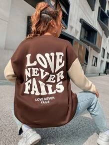 SHEIN Unity 標語圖案落肩袖雙色飛行員夾克 - 咖啡棕 - 查看 5