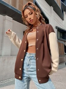 SHEIN Unity 標語圖案落肩袖雙色飛行員夾克 - 咖啡棕 - 查看 6