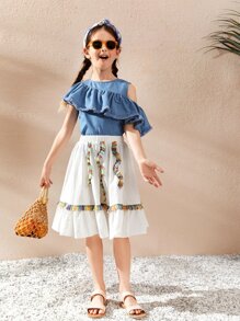 SHEIN Niñas de hombros descubiertos ribete con fruncido Top & ribete con fleco Set falda - Azul y blanco - Ver 2