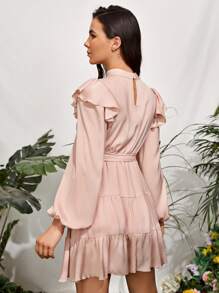 SHEIN Ruffle Trim Stand Neck Dress - Dusty Pink - View 2