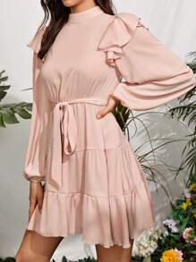 SHEIN Ruffle Trim Stand Neck Dress - Dusty Pink - View 3