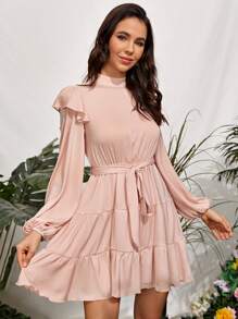SHEIN Ruffle Trim Stand Neck Dress - Dusty Pink - View 4