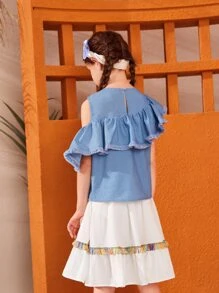 SHEIN Niñas de hombros descubiertos ribete con fruncido Top & ribete con fleco Set falda - Azul y blanco - Ver 6