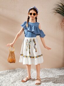 SHEIN Niñas de hombros descubiertos ribete con fruncido Top & ribete con fleco Set falda - Azul y blanco - Ver 7
