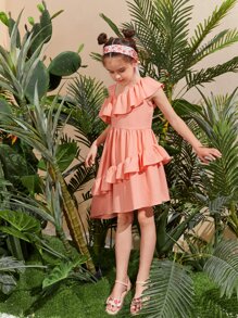 SHEIN Niñas Vestido de cuello asimétrico ribete con fruncido - Rosa coral - Ver 1