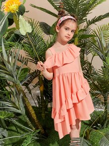 SHEIN Niñas Vestido de cuello asimétrico ribete con fruncido - Rosa coral - Ver 2