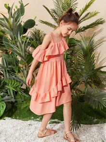 SHEIN Niñas Vestido de cuello asimétrico ribete con fruncido - Rosa coral - Ver 3