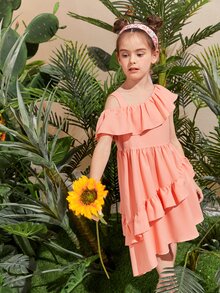 SHEIN Niñas Vestido de cuello asimétrico ribete con fruncido - Rosa coral - Ver 4