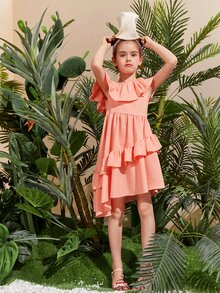 SHEIN Niñas Vestido de cuello asimétrico ribete con fruncido - Rosa coral - Ver 5