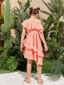SHEIN Niñas Vestido de cuello asimétrico ribete con fruncido - Rosa coral - Ver 6