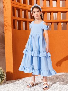 SHEIN Girls Cold Shoulder Layered Ruffle Hem Dress - Baby Blue - View 1