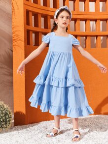 SHEIN Girls Cold Shoulder Layered Ruffle Hem Dress - Baby Blue - View 2