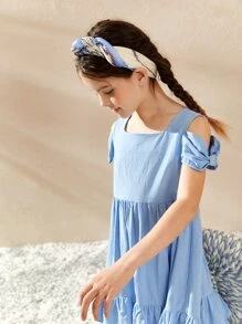 SHEIN Girls Cold Shoulder Layered Ruffle Hem Dress - Baby Blue - View 4