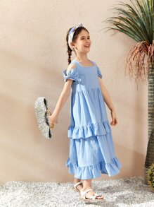 SHEIN Girls Cold Shoulder Layered Ruffle Hem Dress - Baby Blue - View 5