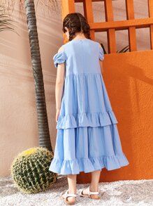 SHEIN Girls Cold Shoulder Layered Ruffle Hem Dress - Baby Blue - View 6
