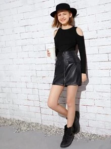 SHEIN Teenage Girls' Casual Solid Color Long Sleeve Off-Shoulder T-Shirt