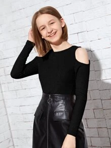 SHEIN Teenage Girls' Casual Solid Color Long Sleeve Off-Shoulder T-Shirt