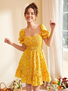 Soleia Ditsy Floral Print Shirred Dress,Summer Dresses For Women - Yellow - View 2
