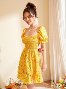 Soleia Ditsy Floral Print Shirred Dress,Summer Dresses For Women - Yellow - View 4
