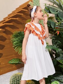 SHEIN Niñas Vestido con bordado con ojal ribete con fruncido - Blanco - Ver 2