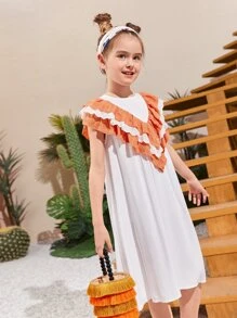 SHEIN Niñas Vestido con bordado con ojal ribete con fruncido - Blanco - Ver 5