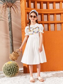 SHEIN Girls Colourful Fringe Patched Dress - White - View 1