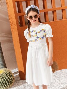 SHEIN Girls Colourful Fringe Patched Dress - White - View 2