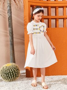 SHEIN Girls Colourful Fringe Patched Dress - White - View 4