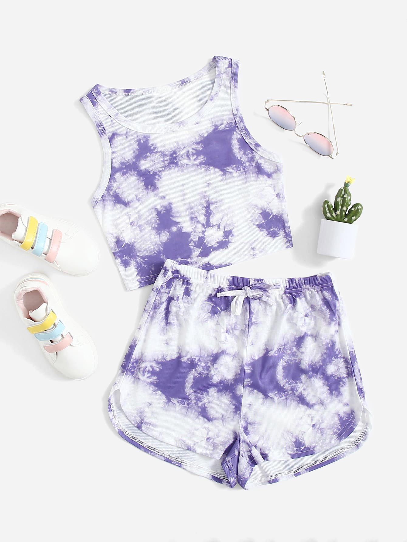 SHEIN 青少年女孩紮染背心上衣和短褲套裝 - 彩色 - 查看 1