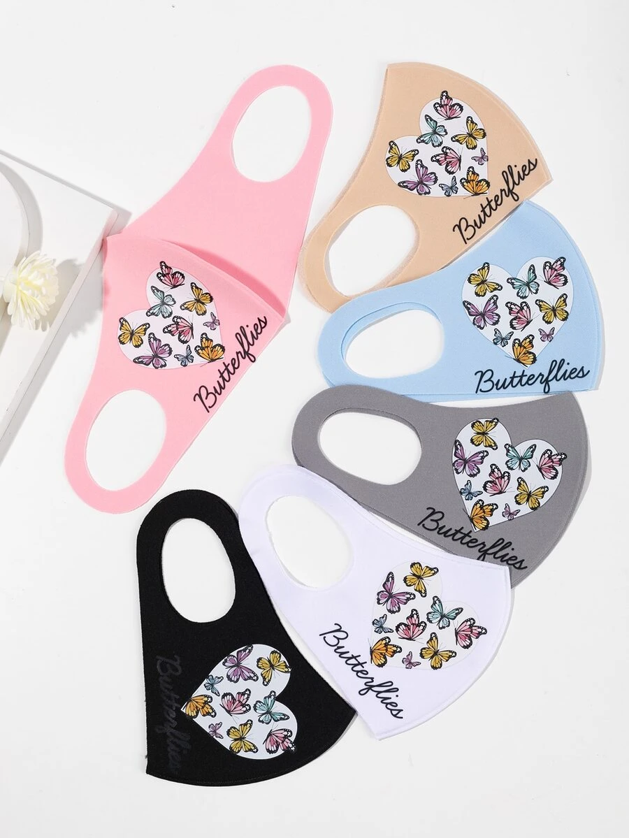 6 piezas Mascarilla letra y mariposa con estampado - Multicolor - Ver 1