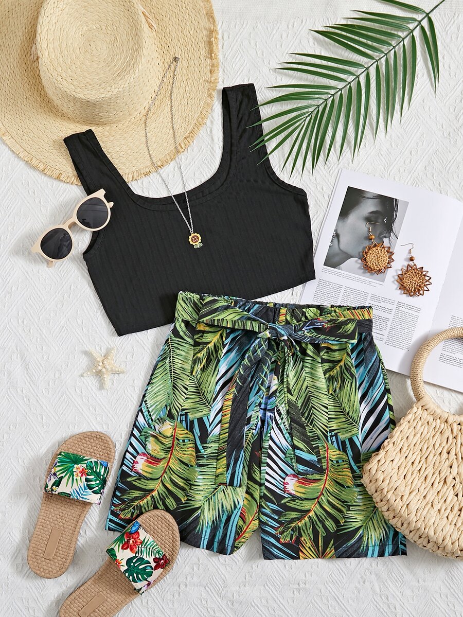 條紋針織背心上衣和熱帶印花前繫帶短褲套裝 - 彩色 - 查看 1