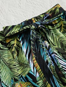 條紋針織背心上衣和熱帶印花前繫帶短褲套裝 - 彩色 - 查看 5