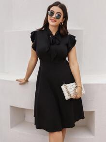 SHEIN LUNE 大碼繫帶領荷葉袖洋裝 - 黑色 - 查看 4