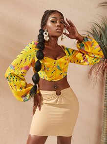 Slaydiva 圖案印花露背繫帶燈籠袖上衣 - 彩色 - 查看 6