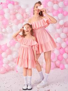 SHEIN Niñas 1 pieza Vestido de hombros descubiertos ribete con fruncido de manga farol - Rosa - Ver 6