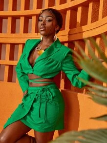 Slaydiva Notched Collar Single Button Crop Blazer - Green - View 4