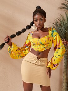 Slaydiva 圖案印花露背繫帶燈籠袖上衣 - 彩色 - 查看 1